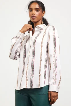 SKIES ARE BLUE Long Sleeve Tops*Vertical Stripe Satin Button Down Ivory-multi