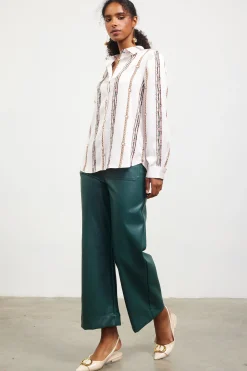 SKIES ARE BLUE Long Sleeve Tops*Vertical Stripe Satin Button Down Ivory-multi