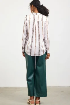 SKIES ARE BLUE Long Sleeve Tops*Vertical Stripe Satin Button Down Ivory-multi
