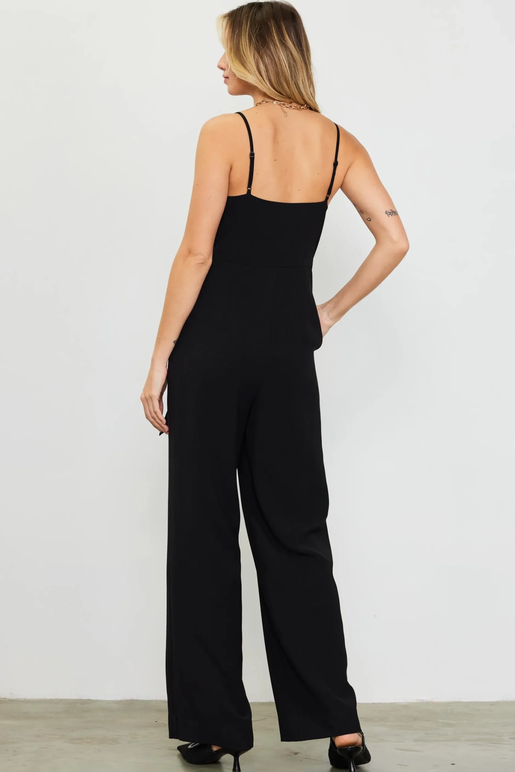 SKIES ARE BLUE Jumpsuits*Waist Tie Detail Sleeveless Jumpsuit Black