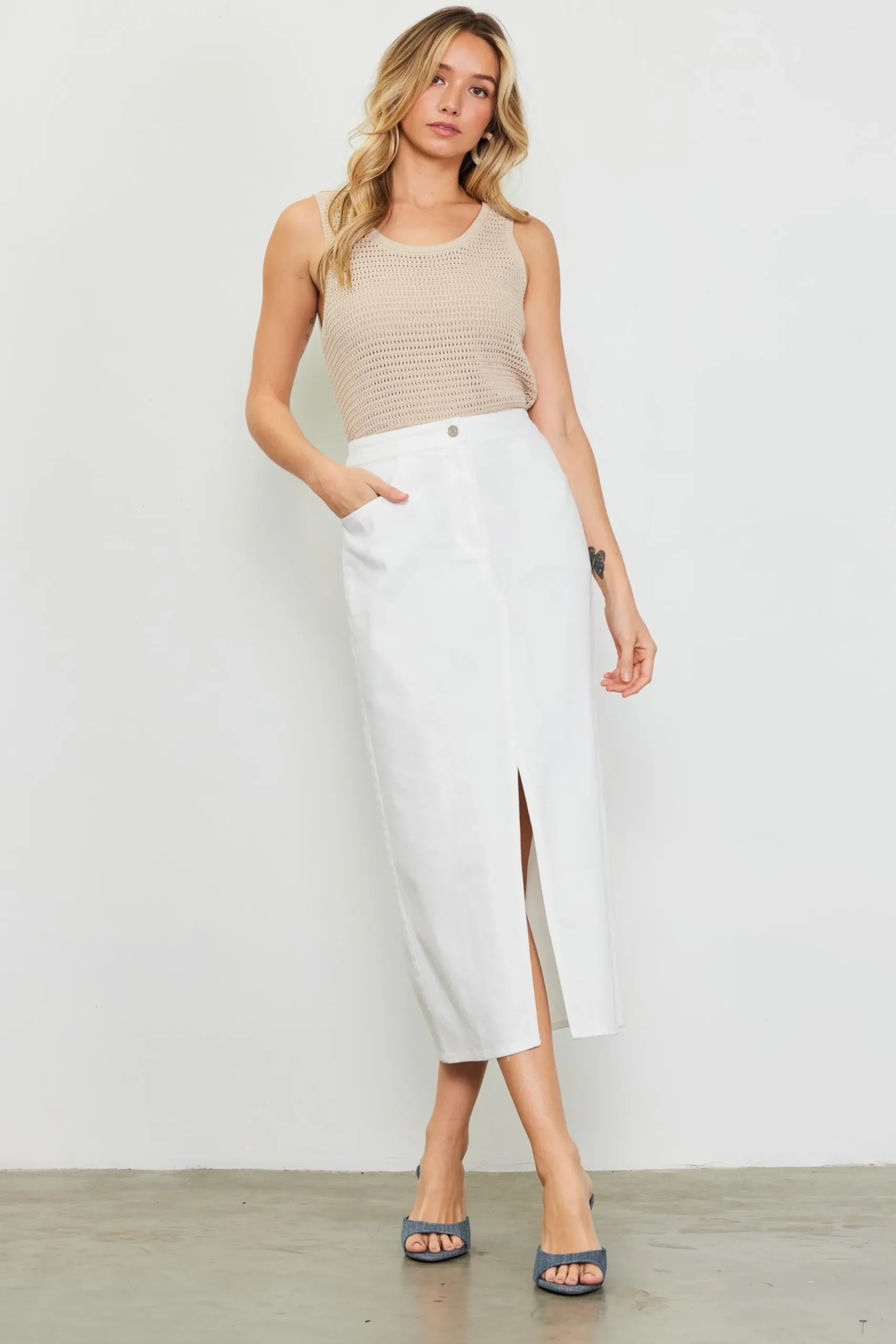 SKIES ARE BLUE Skirts*Washed Cotton Twill Midi Skirt White