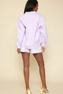 SKIES ARE BLUE Long Sleeve Tops*Washed Cotton Twill Shacket Lavender