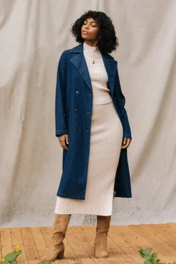 SKIES ARE BLUE Outerwear*Washed Denim Trench Coat Bluedenim