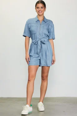SKIES ARE BLUE Jumpsuits*Washed Tencel Shortsleeve Romper Chambray