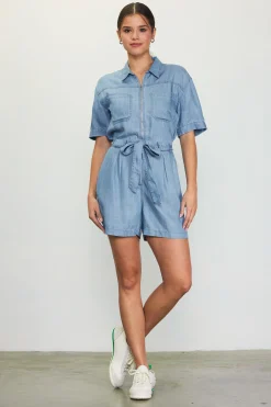 SKIES ARE BLUE Jumpsuits*Washed Tencel Shortsleeve Romper Chambray