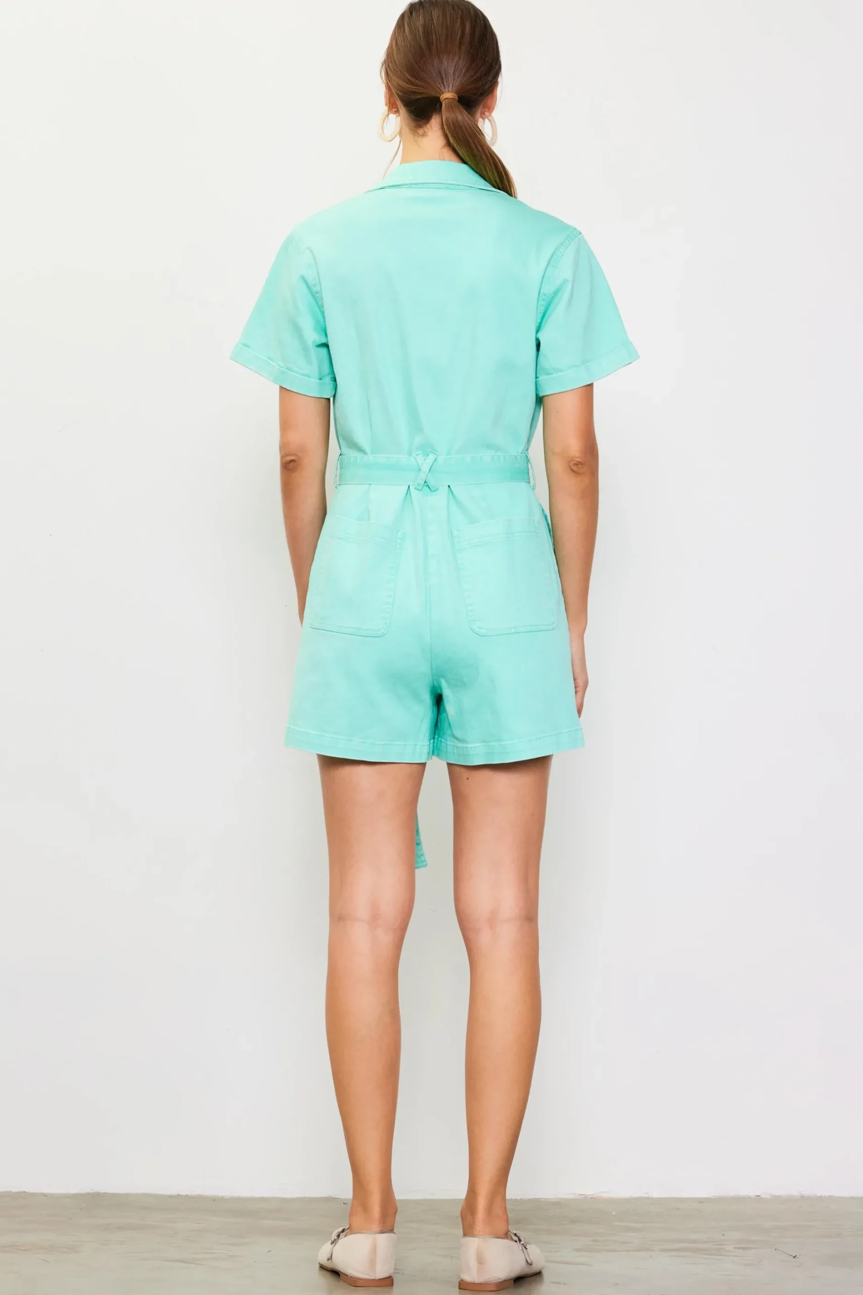 SKIES ARE BLUE Jumpsuits*Washed Twill Utility Romper Mint