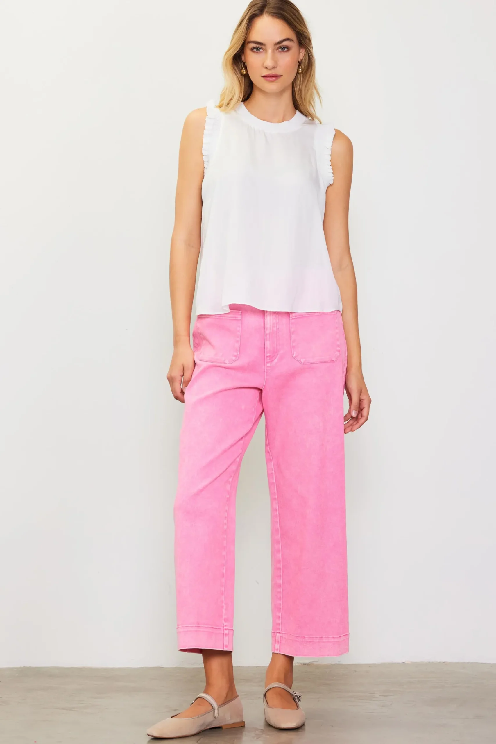 SKIES ARE BLUE Pants*Washed Twill Wide Leg Pants Pink
