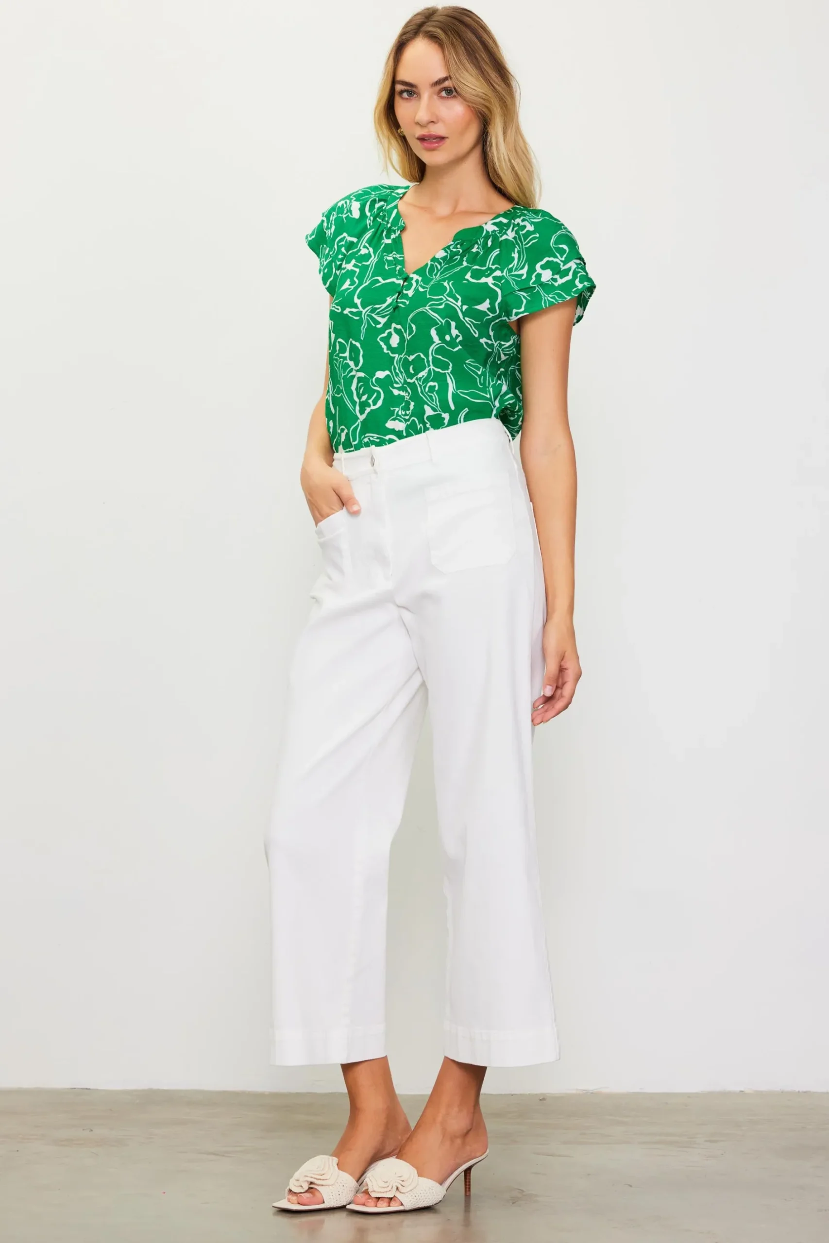 SKIES ARE BLUE Pants*Washed Twill Wide Leg Pants White