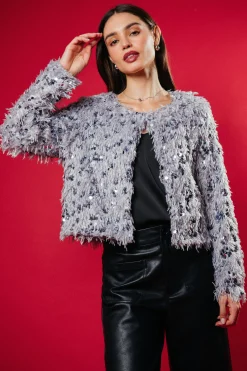SKIES ARE BLUE Outerwear*Wren Feathered Sequin Crop Jacket Silver