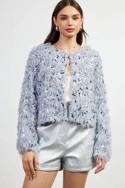 SKIES ARE BLUE Outerwear*Wren Feathered Sequin Crop Jacket Silver