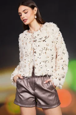 SKIES ARE BLUE Outerwear*Wren Feathered Sequin Crop Jacket Cream