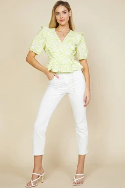 SKIES ARE BLUE Short Sleeve Tops*Zebra Print Peplum Top Limeyellow