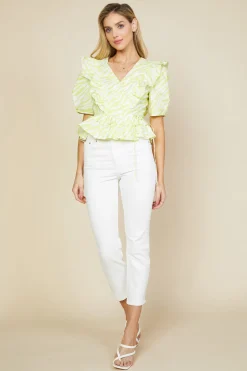 SKIES ARE BLUE Short Sleeve Tops*Zebra Print Peplum Top Limeyellow