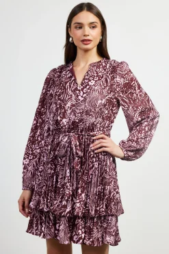 SKIES ARE BLUE Mini Dresses*Zebra Print Pleated Mini Dress Chocolate-pink