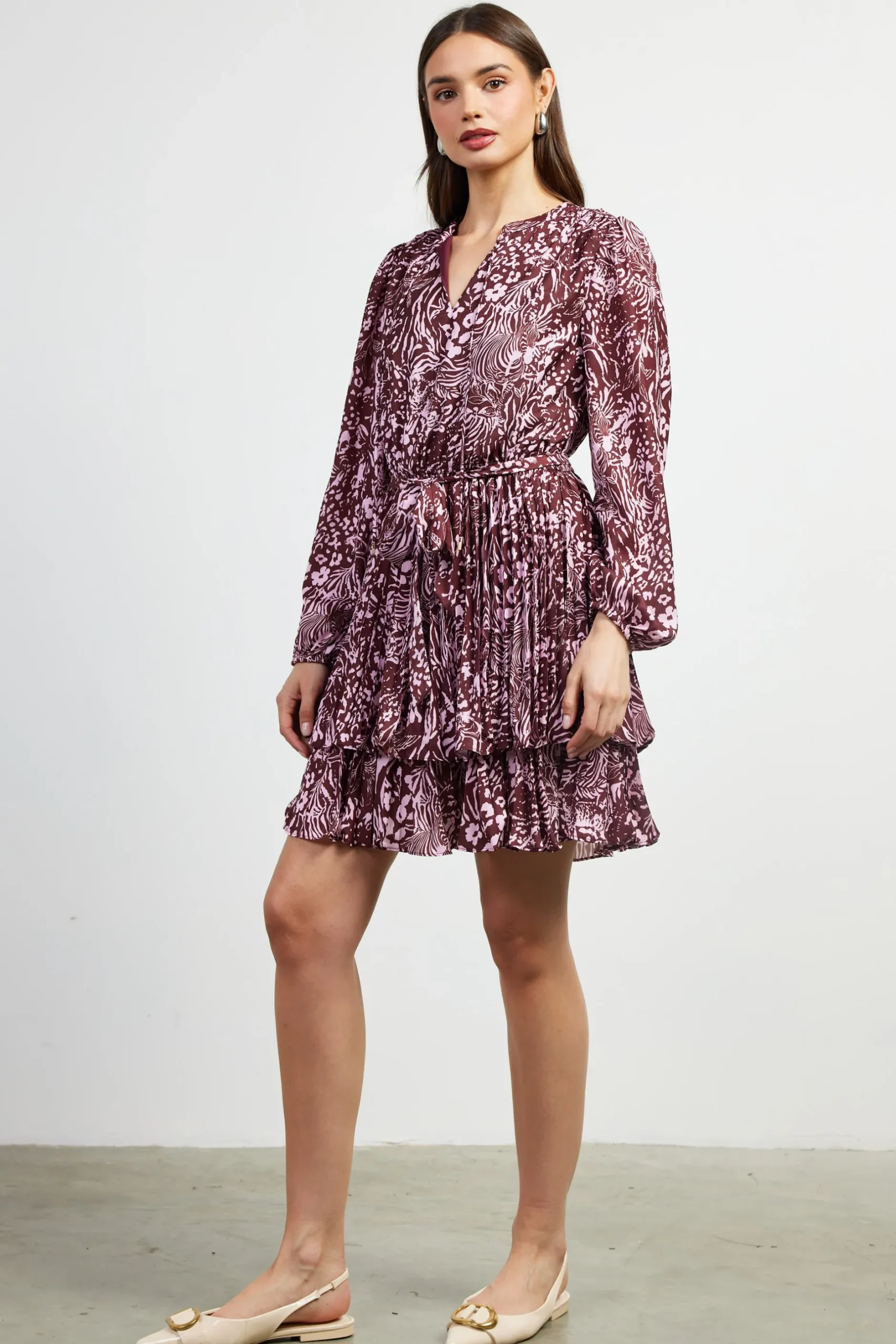 SKIES ARE BLUE Mini Dresses*Zebra Print Pleated Mini Dress Chocolate-pink