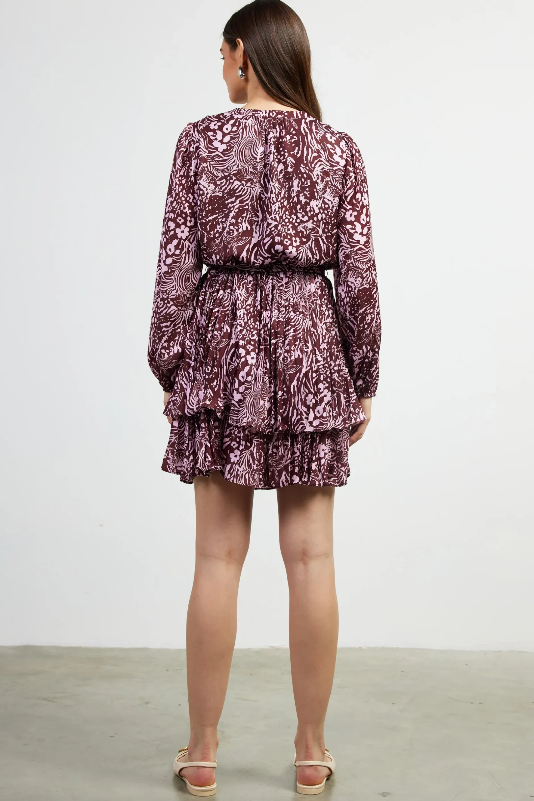 SKIES ARE BLUE Mini Dresses*Zebra Print Pleated Mini Dress Chocolate-pink